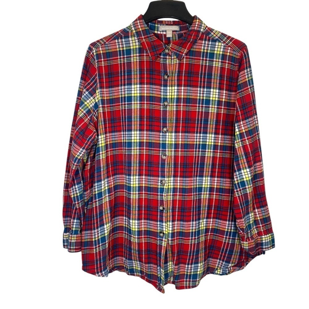 WOMAN WITHIN Red Plaid size Large (18-20) flannel long sleeve button up Shirt